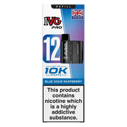 IVG Pro 12 prefilled vape pods in Blue Sour Raspberry flavor, offering a refreshing mint taste with a convenient disposable design